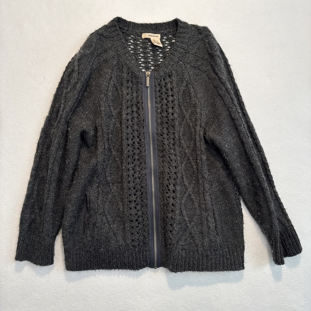 DKNY Women's Charcoal Gray Full Zip Sweater Open-Knit Cable‎ Style LARGE